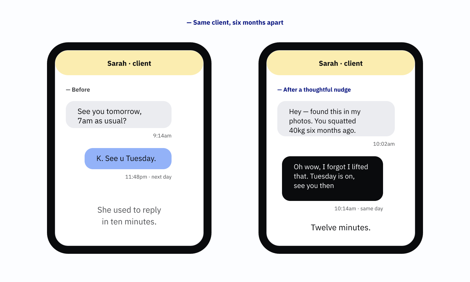 Two phone screens. Left: a cold one-line reply 'K. See u Tuesday.' Right: a warm reply six months later after a thoughtful nudge.