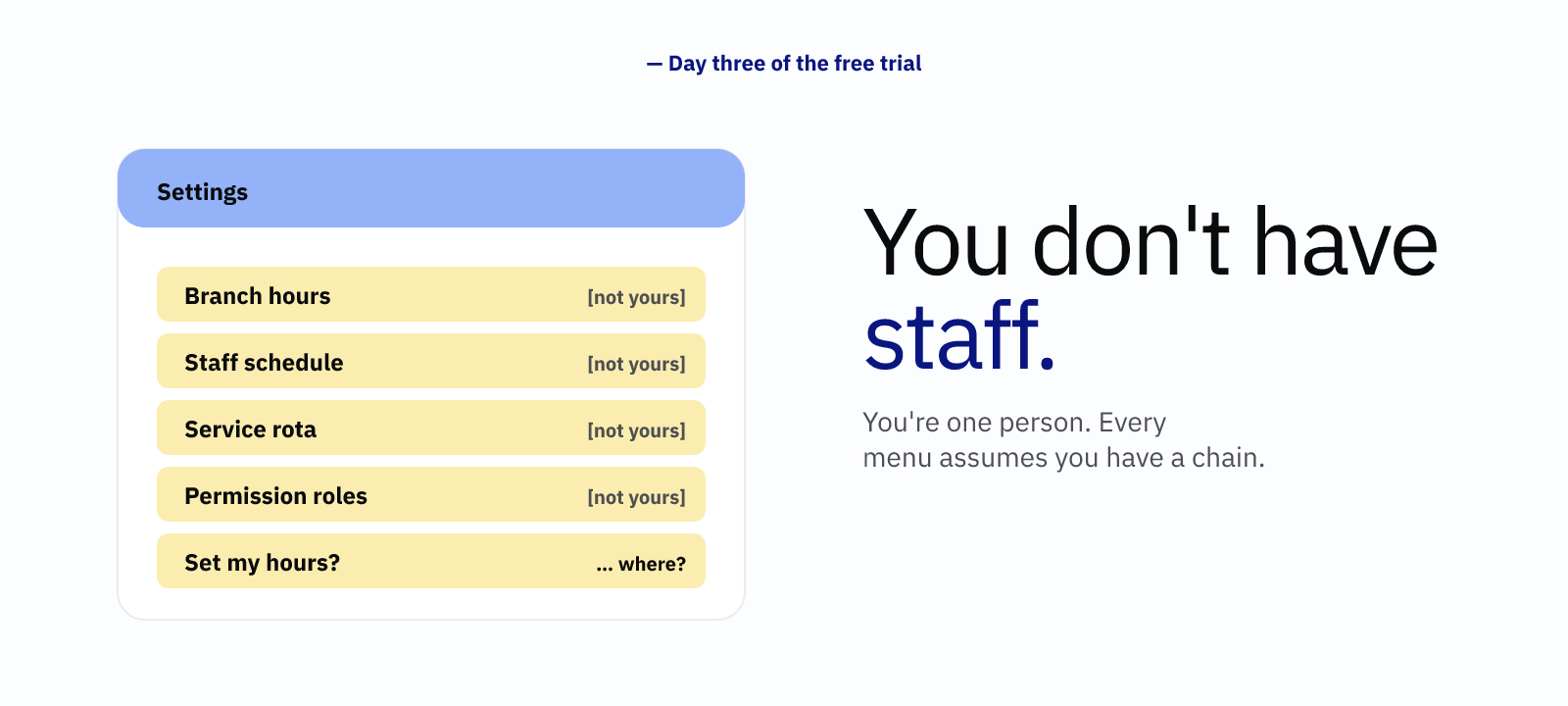Studio management software — a solo owner staring at an enterprise menu of branch settings, staff schedules and rotas they do not need.